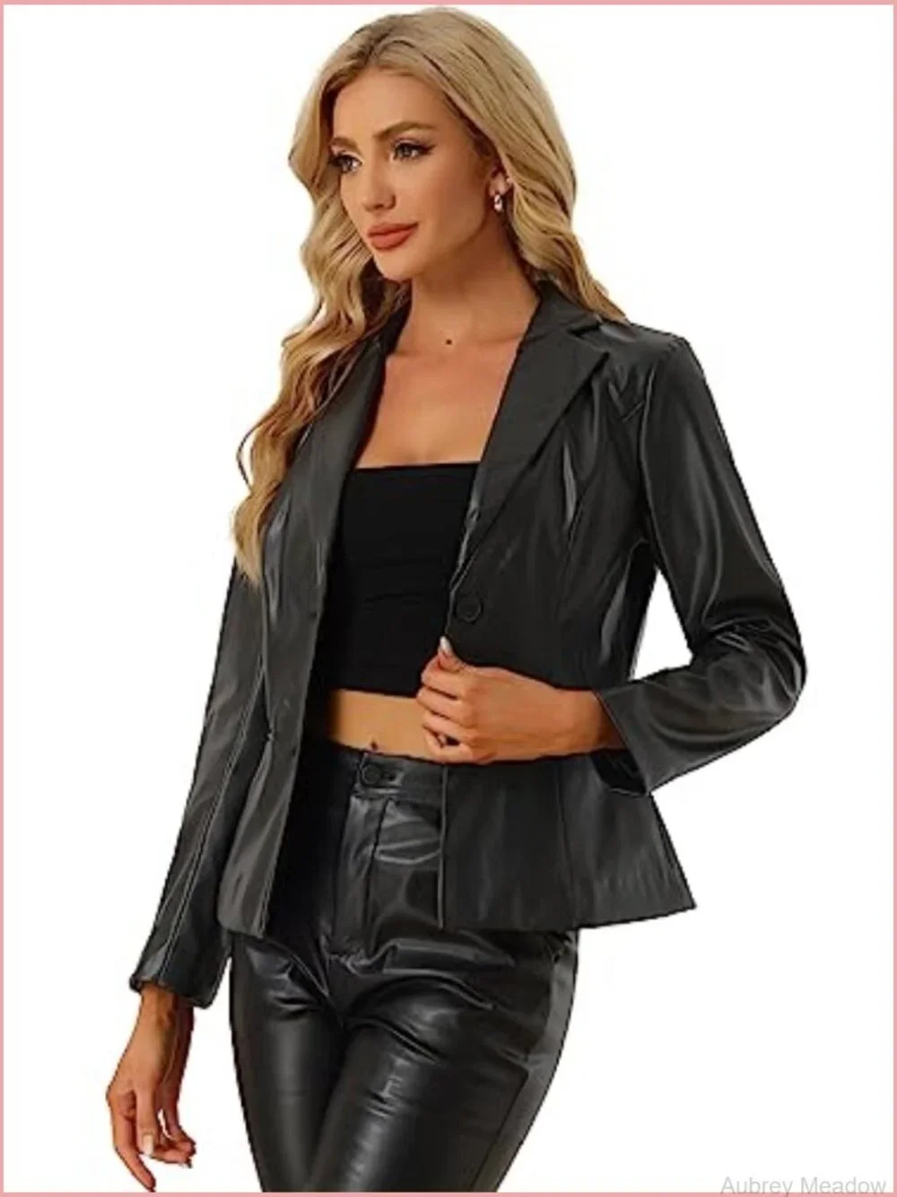 Faux Leather Blazer Slim Fit Casual Office Button Down Long Sleeve Jacket